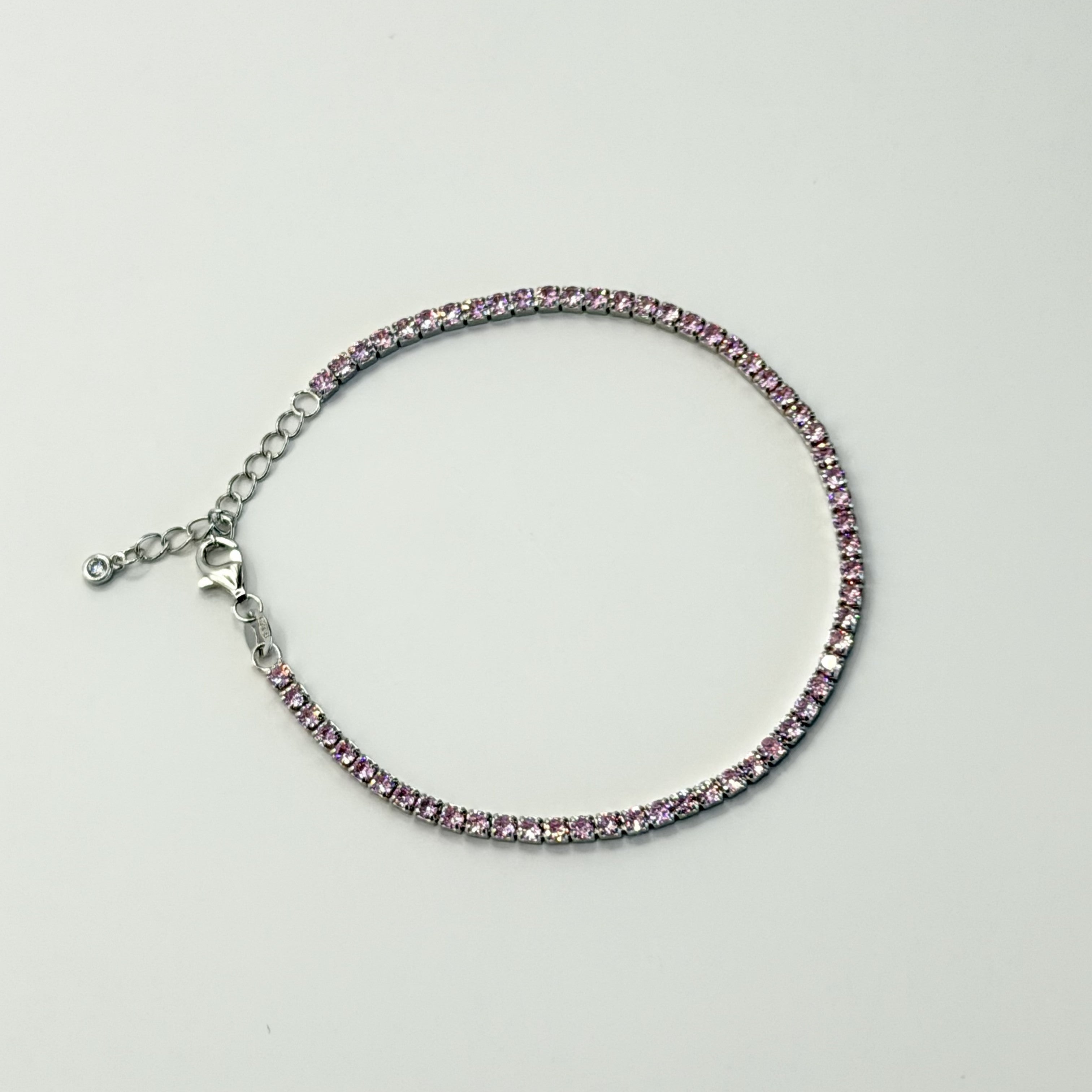 Pink Sparkling Sterling Silver Tennis Bracelet with Adjustable Extension