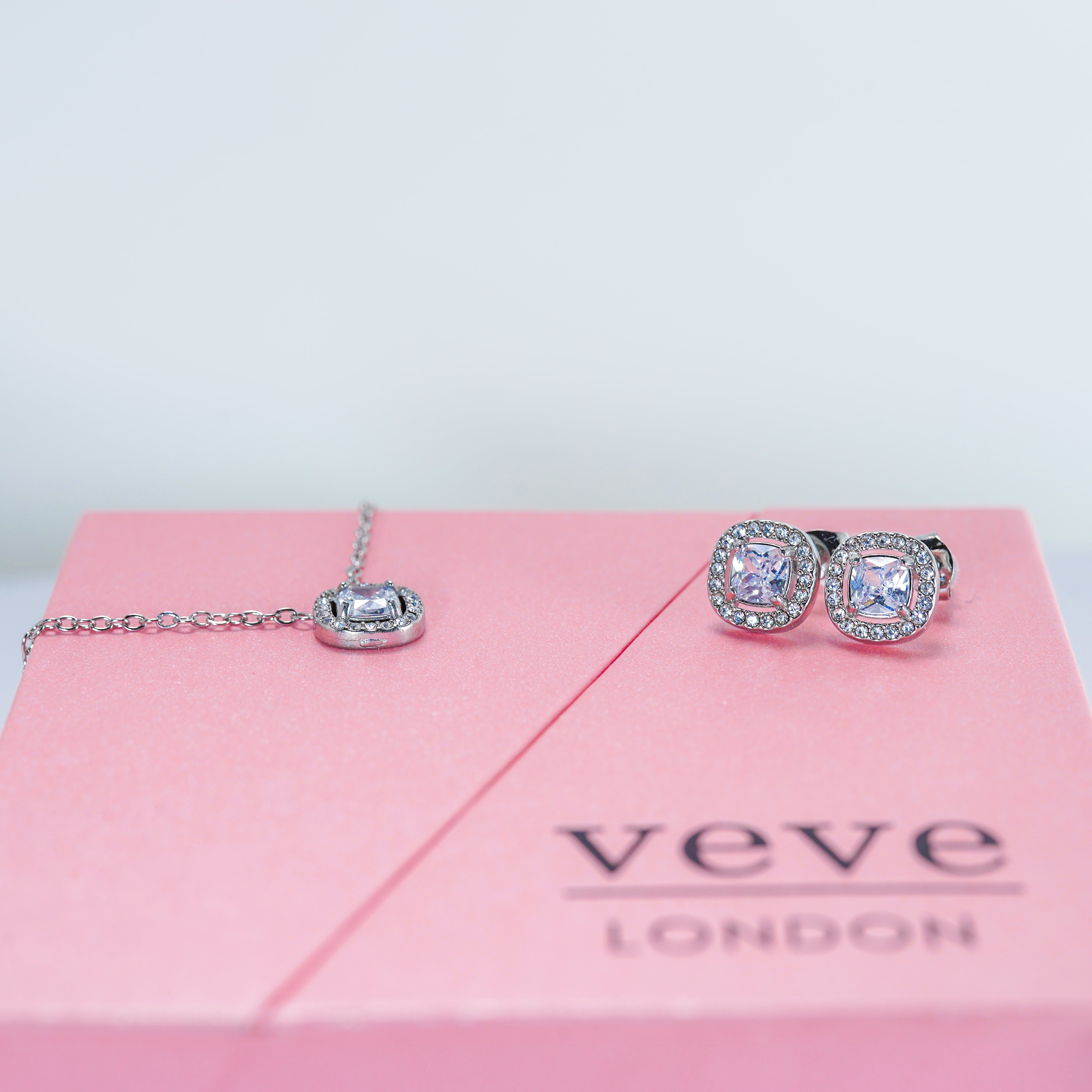 Square Accent Zirconia Pendant Necklace & Earrings Set