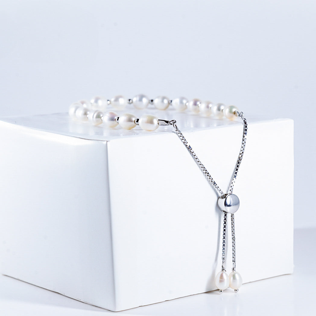 Stunning Sterling Silver Pearl Bracelet | Adjustable Sliding Clasp | S925 Jewelry