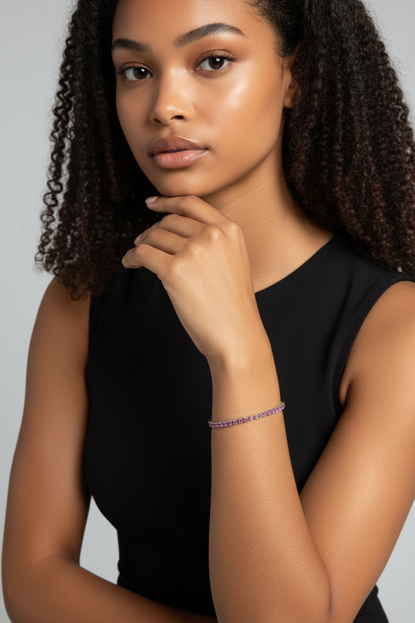 Pink Sparkling Sterling Silver Tennis Bracelet with Adjustable Extension