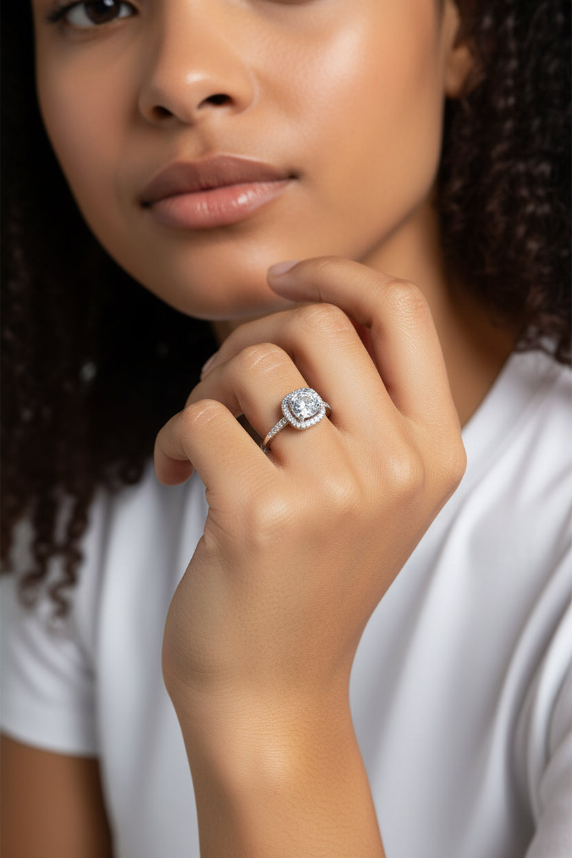 Beautiful Square Halo Engagement Ring in Sterling Silver