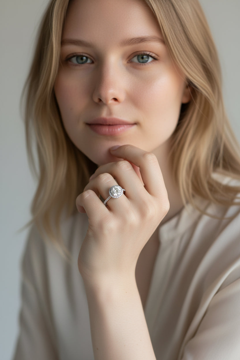 Stunning Halo Engagement Ring in Sterling Silver