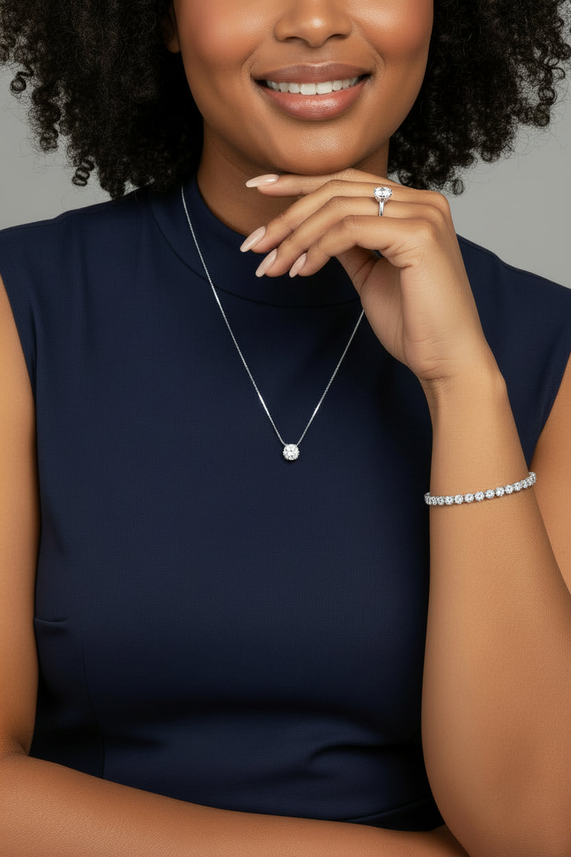 Classic Beautiful Pendant Necklace in Sterling Silver and Cubic Zirconia