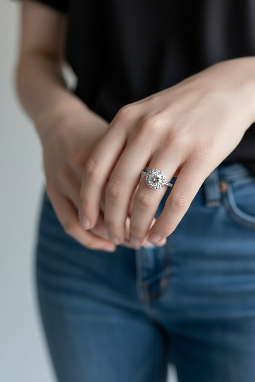 Stunning Halo Engagement Ring in Sterling Silver