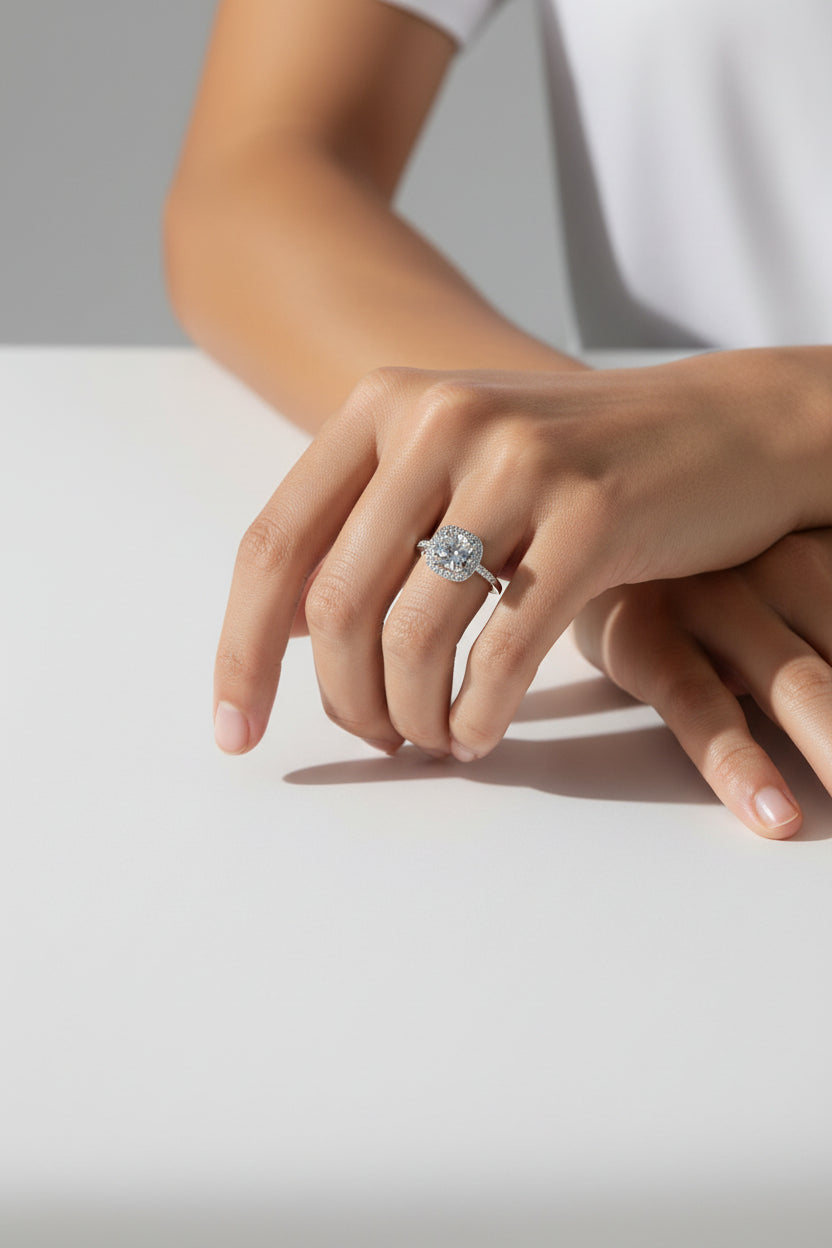 Beautiful Square Halo Engagement Ring in Sterling Silver